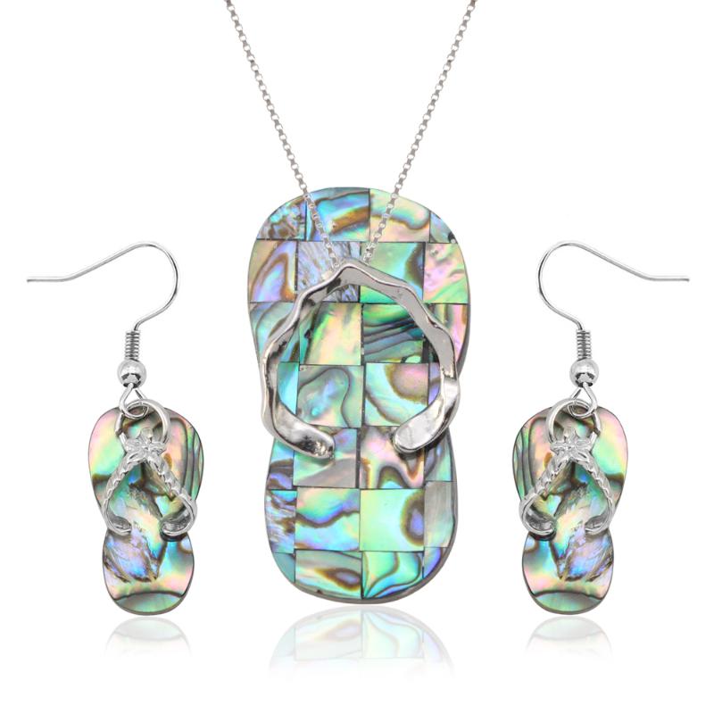 

Earrings & Necklace Women Set Flip Flop Stone Green Abalone Jewelry ST236, Silver
