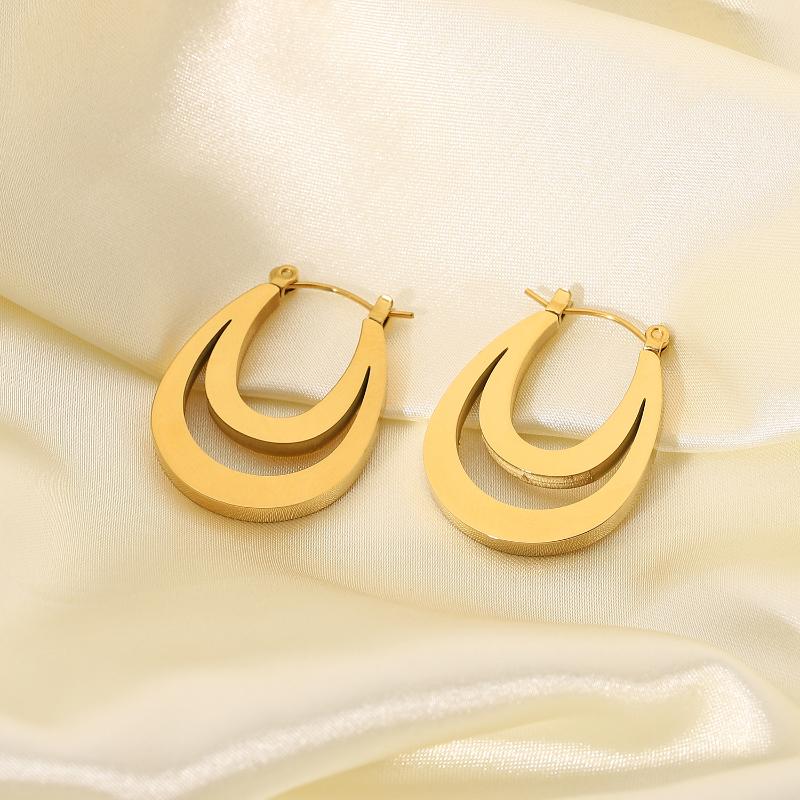 

Hoop & Huggie 18k Gold Plated Stainless Steel Double Layer Oval Flat Earrings For Women Girls Trendy Geometric Jewelry