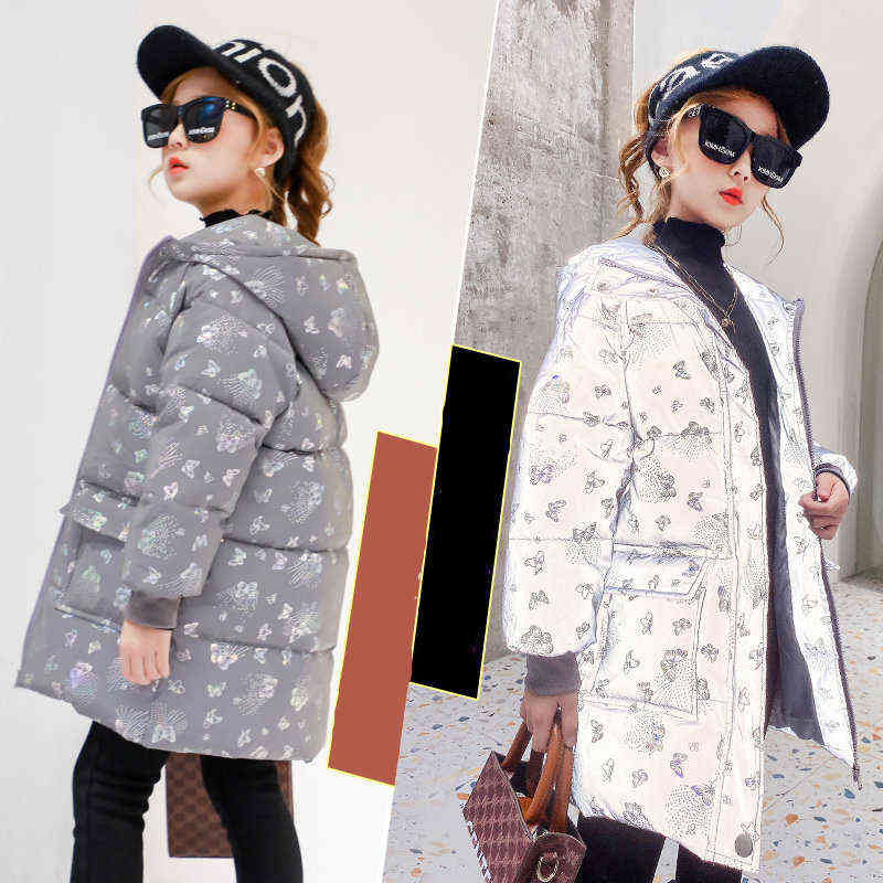Children's Coat Girl Winter Reflective Luminous Cotton Down Jacket For Teens Parkas Hooded Kids Clothing 4-14Yrs 211111
