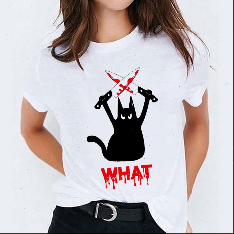 

cat kawaii cartoon scary women casual halloween print graphic tee, White