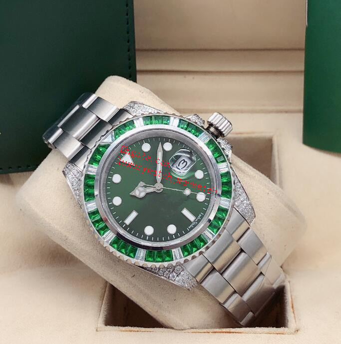 

Luxury Mens Watches 116759 Automatic GMT Mechanical watch 18K White Gold Full Green Diamond 40mm Stainless Steel Bracelet Fashion Wristwatch, Slivery;brown