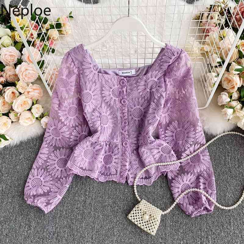 Neploe Blusas Mujer De Moda Embroidery Crochet Floral Lace Blouses Women Square Collar Slim Waist Short Blouse Tops Female 210422