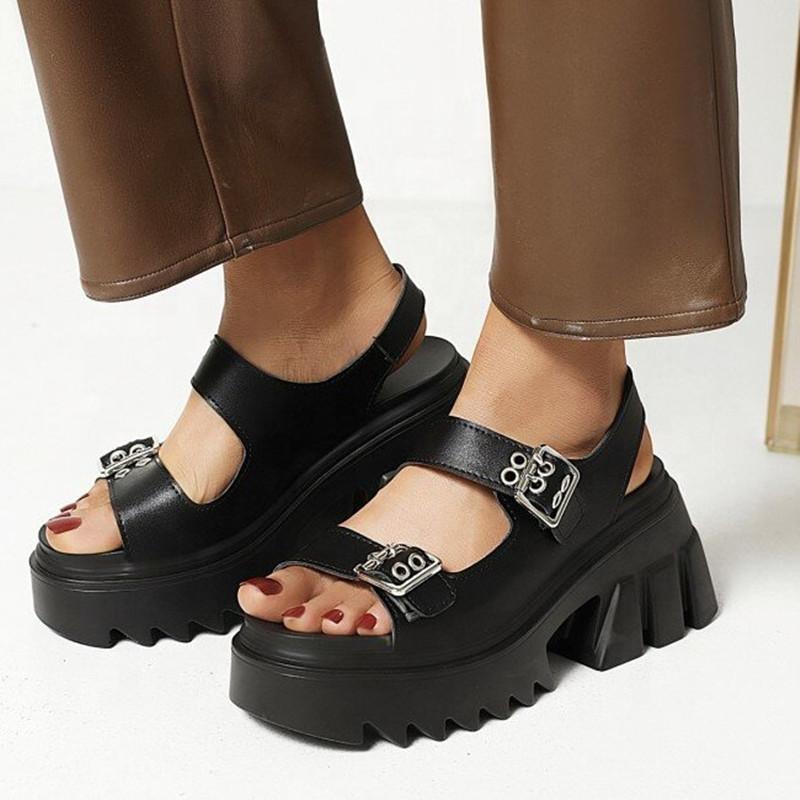 

Sandals Black Anti-Slippery Open Toe Metal Decorate Waterproof Thick Heels High Platform Ankle Strap Summer Women Fashion