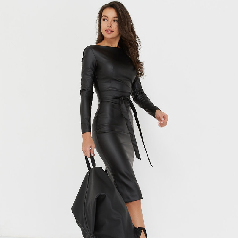 

2021women elegant matt pu leather pencil dress vintage sashes o neck long sleeve solid warm slim dress bodycon party holiday dress, Black;gray