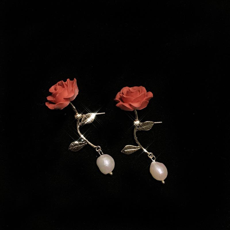 

Origin Summer Japanese Red Color Rose Flower Pearl Dangle Earings For Women Exquisite Plant Jewelry Accessories & Chandelier