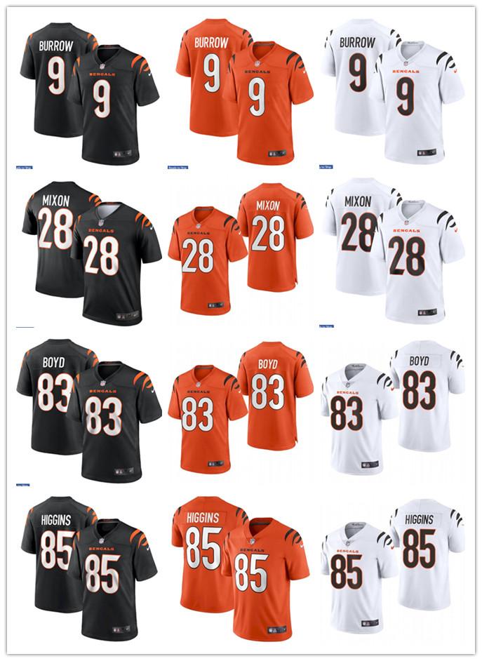 

2021 new Mens Womens Youth Cincinnati Bengals 9 Joe Burrow 83 Tyler Boyd 28 Joe Mixon 85 Tee Higgins Black Custom Football Jerse, Black;red