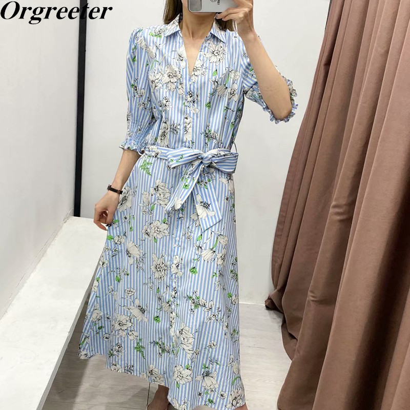 

Summer Runway Design Striped Floral Print Blue Shirt Dress for Women Lapel Short sleeves Sashes Bow Mid Female 210525