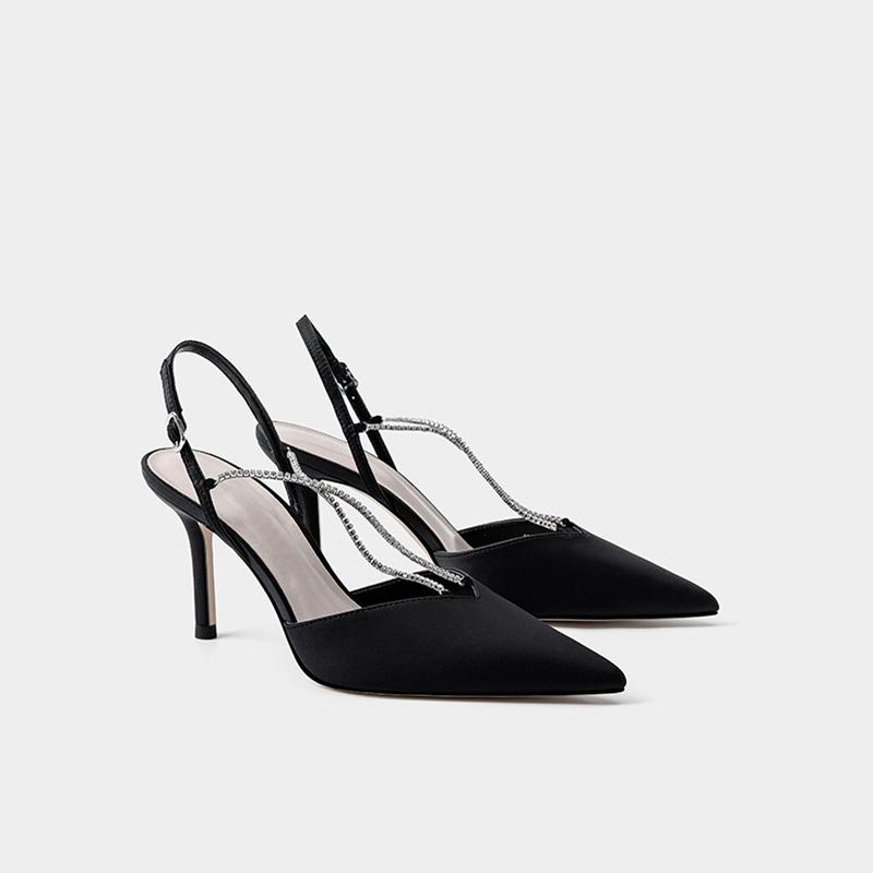 

Dress Shoes Little Women's 2021 Spring Versatile Trend Rhinestone Chain Elegant Pointed High Heel Sandals, Black