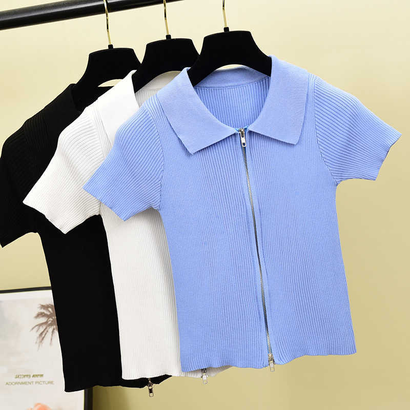 

Summer Pull Sweater Women Slim Thin Tops Fashion Turn Down Collar Zipper Crop Sweaters Female Causal Korean Knit 210602