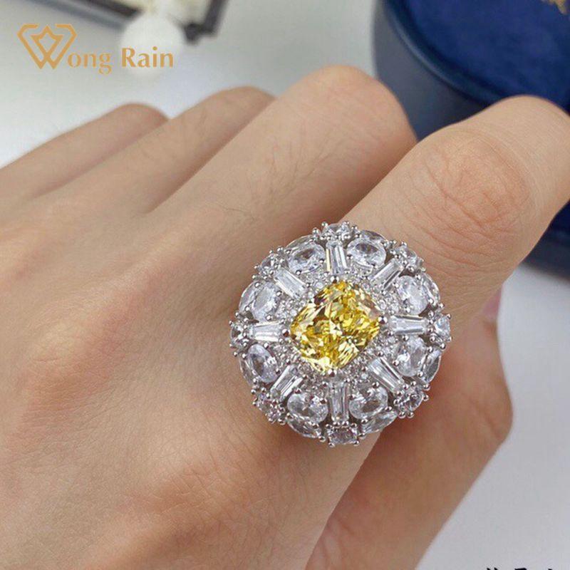 

Cluster Rings Wong Rain Luxury 100% 925 Sterling Silver Yellow Created Moissanite Gemstone Wedding Engagement Women Fine Jewelry Gift, Golden;silver