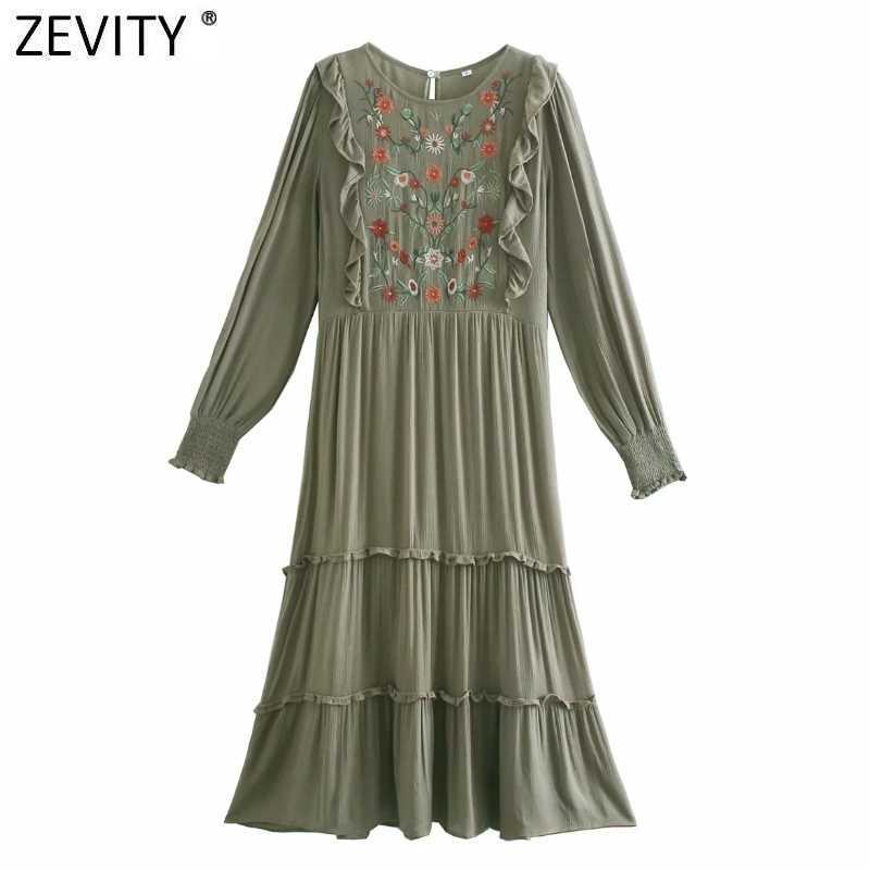 

Zevity Women Elegant O Neck Flower Embroidery Agaric Lace Casual Midi Dress Chic Female Long Sleeve Ruffles Vestido DS5008 210603, As pic ds5008cc