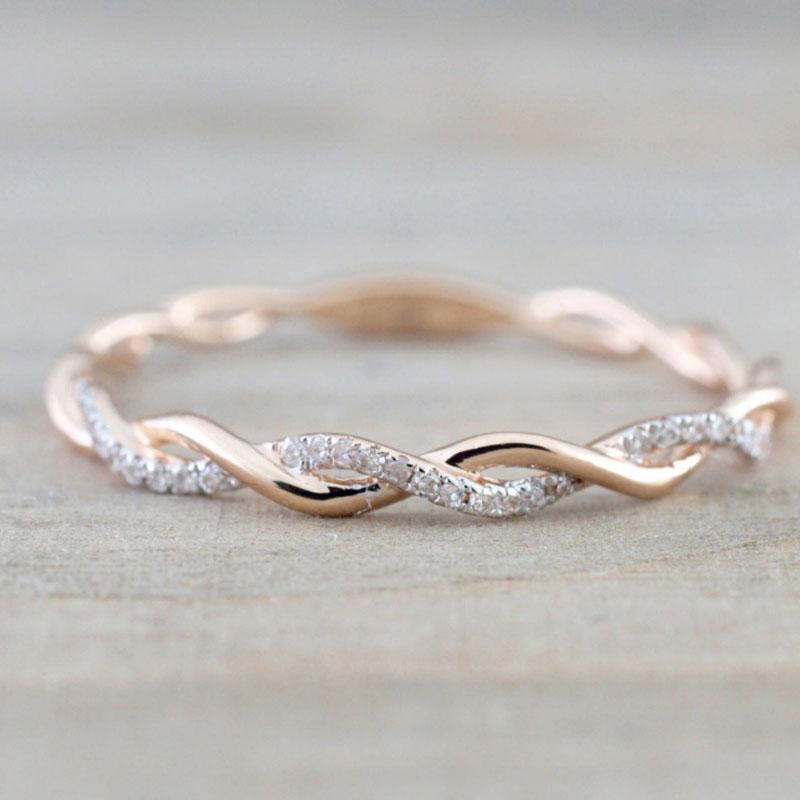 

Cluster Rings 2021 Twist Crystal For Women Thin Rose Gold Color Rope Stacking Engagement Wedding Drop, Golden;silver