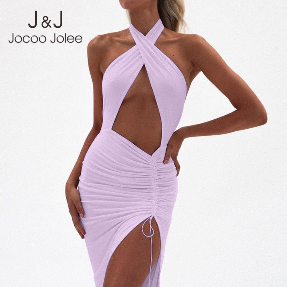 

Jocoo Jolee Women Front Cross Halter Summer Sexy Backless Hollow Pleated Irregular Solid Leg Open Gown Party Club Dress 210518, White