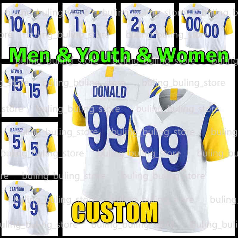 

99 Aaron Donald Jersey Los Custom Angeles 9 Matthew Stafford DeSean Jackson 10 Cooper Kupp Rams5 Jalen Ramsey 2 Robert Woods 15 Tutu Atwell Cam Akers Eric Dickerson, Custom men jersey(g y)