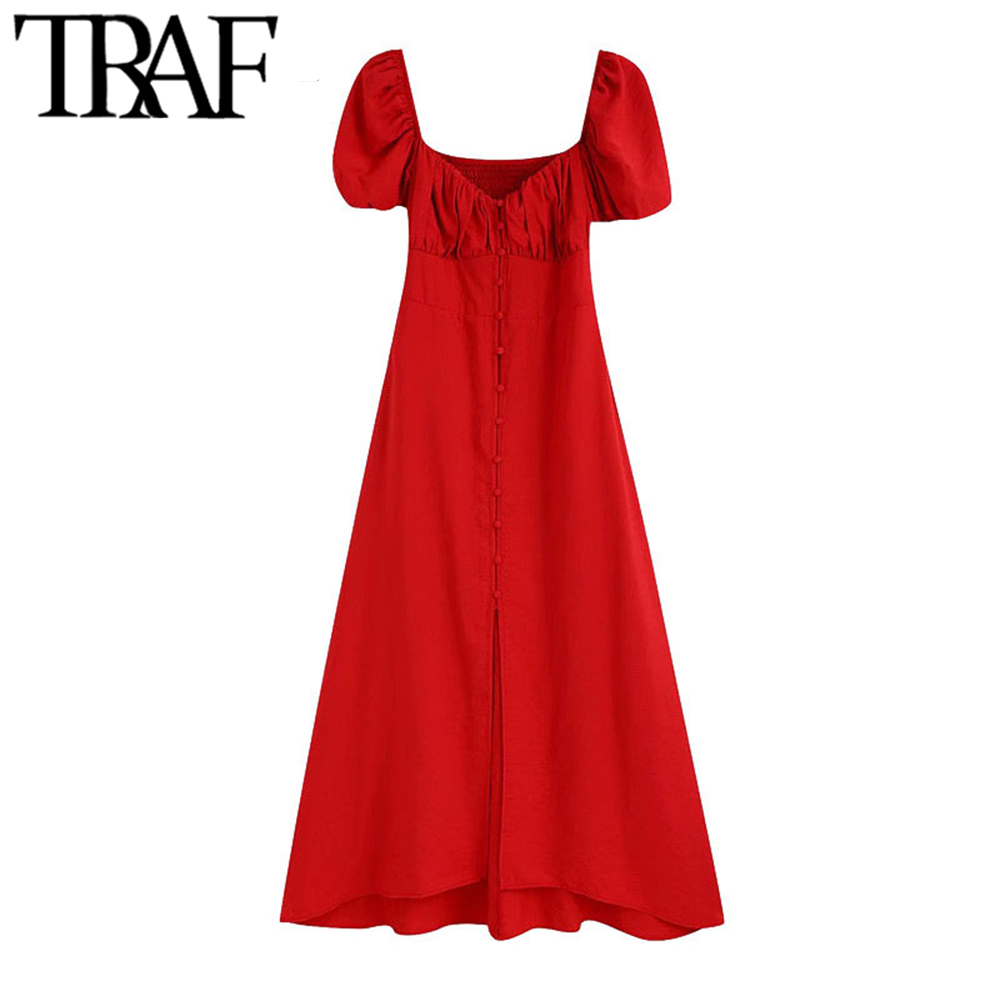 

TRAF Women Chic Fashion With Buttons Midi Dress Vintage Puff Sleeves Back Smocked Detail Female Dresses Vestidos Mujer, As picture