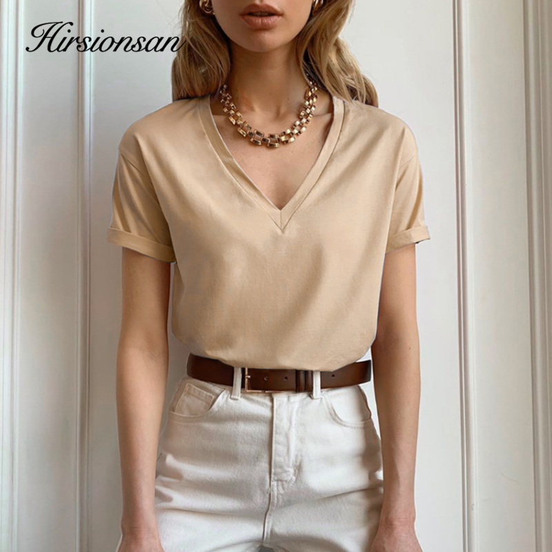 

Hirsionsan 100% Cotton Summer T Shirt Women Soft Short Sleeve V Neck Female Tees Basic Kintwear Tops Harajuku Tshirt for Ladies, Green