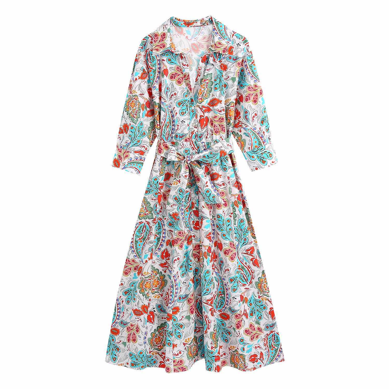 

Women Vintage Printed Shirt Dress with belt Fashion Three quarters Sleeves Button-up Midi Dresses Woman Robe 210709