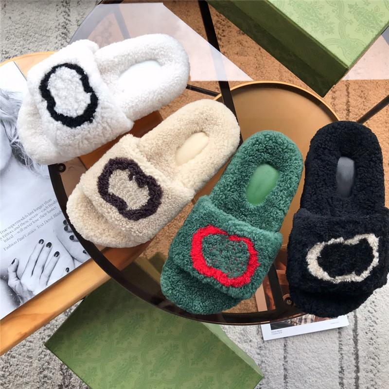 

2021 Fall Winter Ladies Slippers Luxury Designer Wool Flip-Flops Fluffy Furry Letter Pink White Logo Embroidered Flats, Black