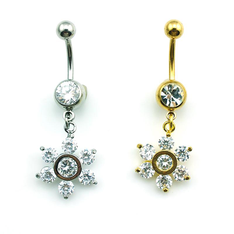 

Metal Surgical Steel Fashion White And Yellow Rhinestone Flower Belly Button Rings For Women Body Piecing Jewelry