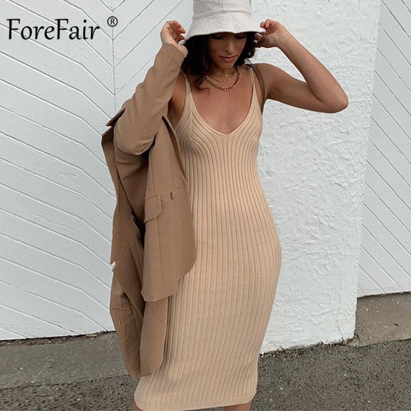

Forefair Off Shoulder V Neck Basic Ribbed Knit Midi Dress Woman Party Fashion Solid Knee Length Sweater Sexy Dress Women, Black