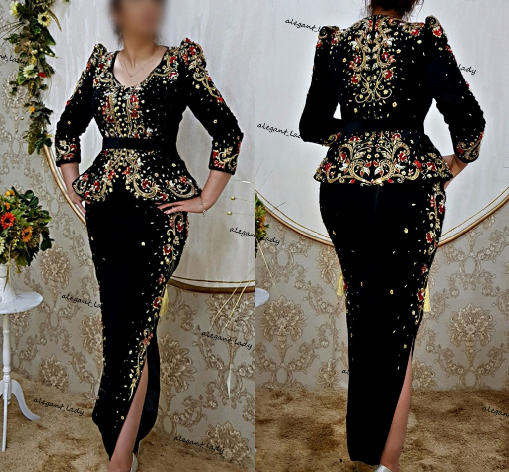 

Algerian outfits Karakou Evening Dresses with Peplum Soirée de Mariage Gold Embroirdery Red stone Long Sleeve kaftan prom dress