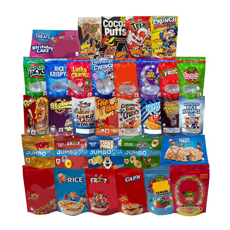 

cereal treats edible packaging mylar bags CAP'N crunch stokies trix fruity pebbles lucky charms rice krispies bar stand up pouch
