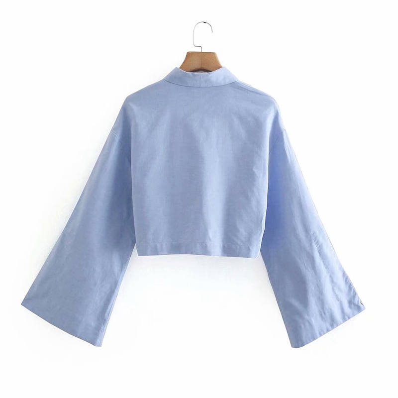 

Fashion Split Sleeve Blouse Cotton Shirts Turn Down Collar Crop Tops Streetwear Shirt Female 210525, Blue