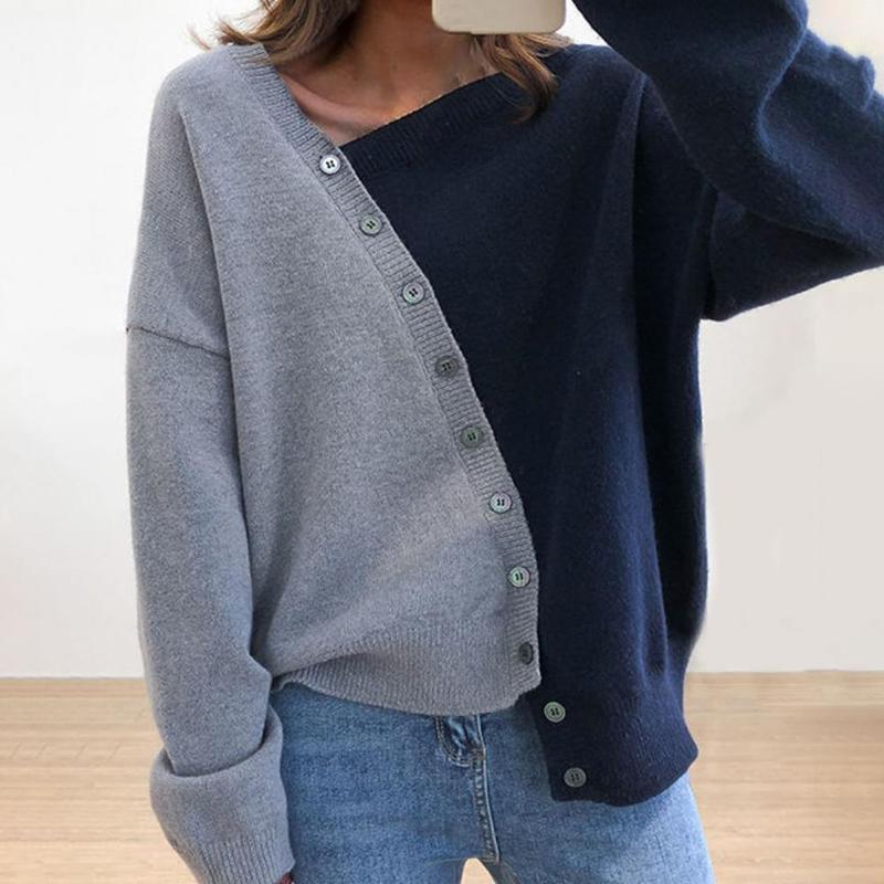 

Women's Sweaters All Match Fabulous Oblique Neck Loose Women Sweater Soft Winter Single-breasted For Work, Navy blue