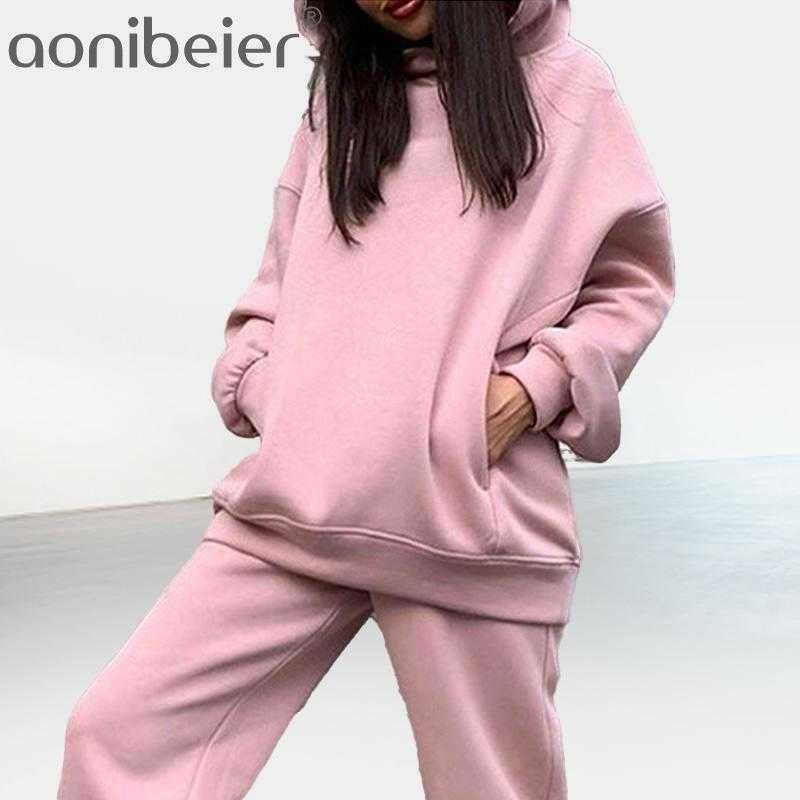 

Outfits Drop Shoulder Hoodies and Ankle Pants 2 Piece Set Sportswear Tracksuit Casual Women Autumn Winter Fleece 210604, White