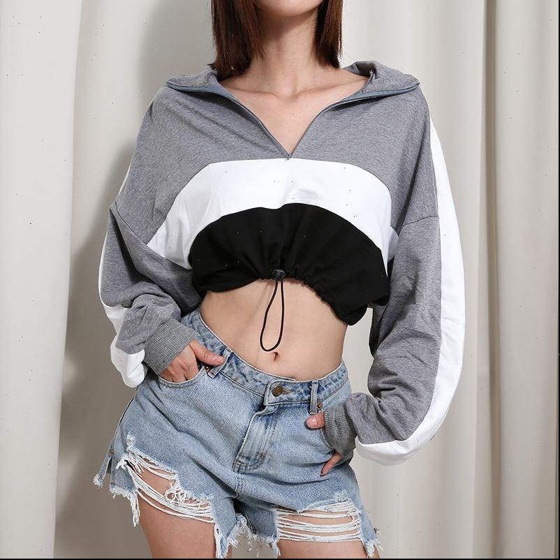 

women hoodie patchwork fashion summer autumn pullover color block zipper hip hop streetwear clothes hh102, Black