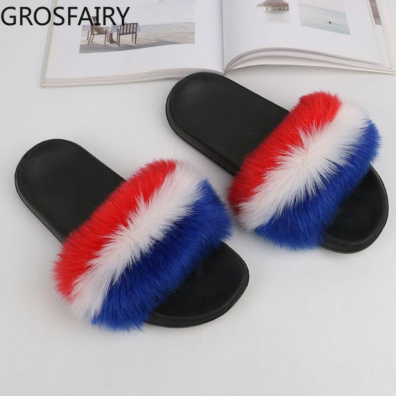 

Slippers Summer Real Fur Ladies Home Fluffy Comfortable Furry Flat Shoes Sweet Women, Black