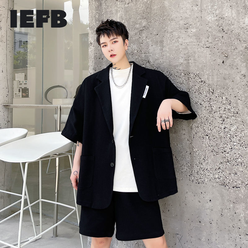 

IEFB Summer Black White Half Sleeve Blazer Label Design Men's Loose Oversized Causl Korean Trend Suit Coat Pockets 9Y7032 210524