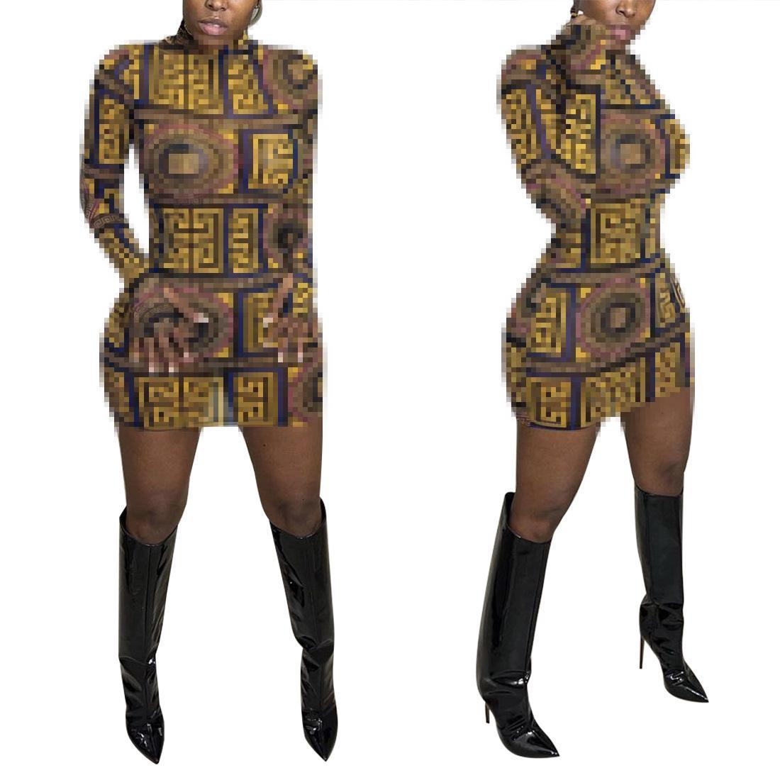New Style Printed Round Neck Long Sleeve Sexy Slim Bodycon Package Women Hip Skirt Short Dress