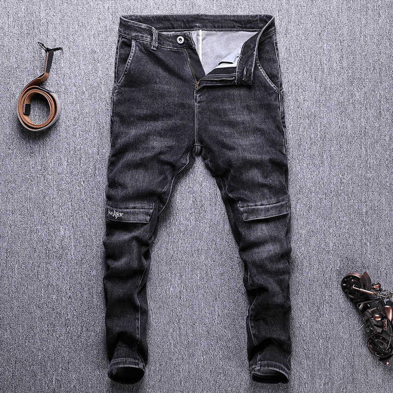 

American Street Style Fashion Men Jeans High Quality Black Color Elastic Slim Fit Spliced Designer Casual Denim Pants D0GI