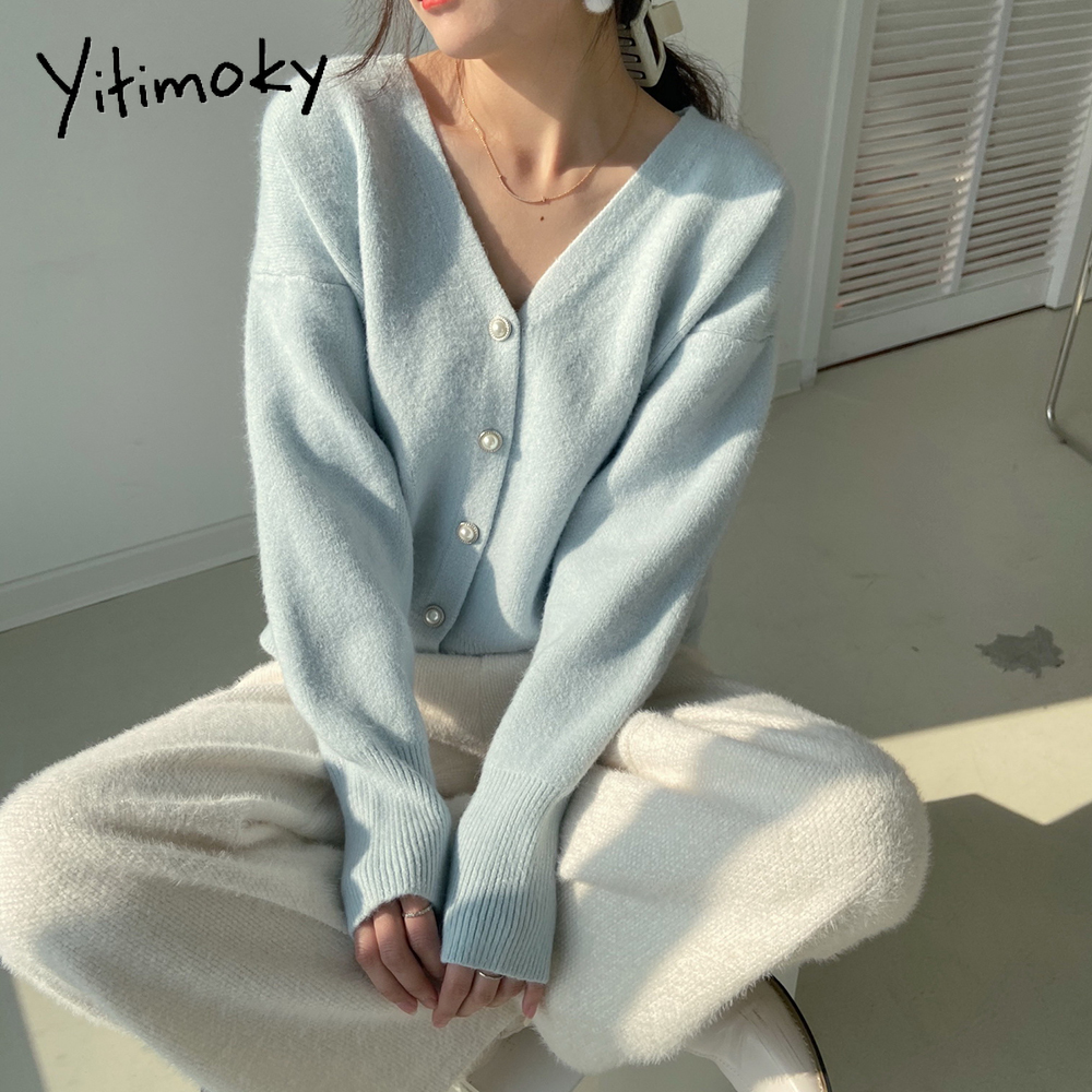 

yitimoky cardigan women sweater pink blue v-neck knitted 2021 fall clothes solid casual single breasted vintage fashion new, Black