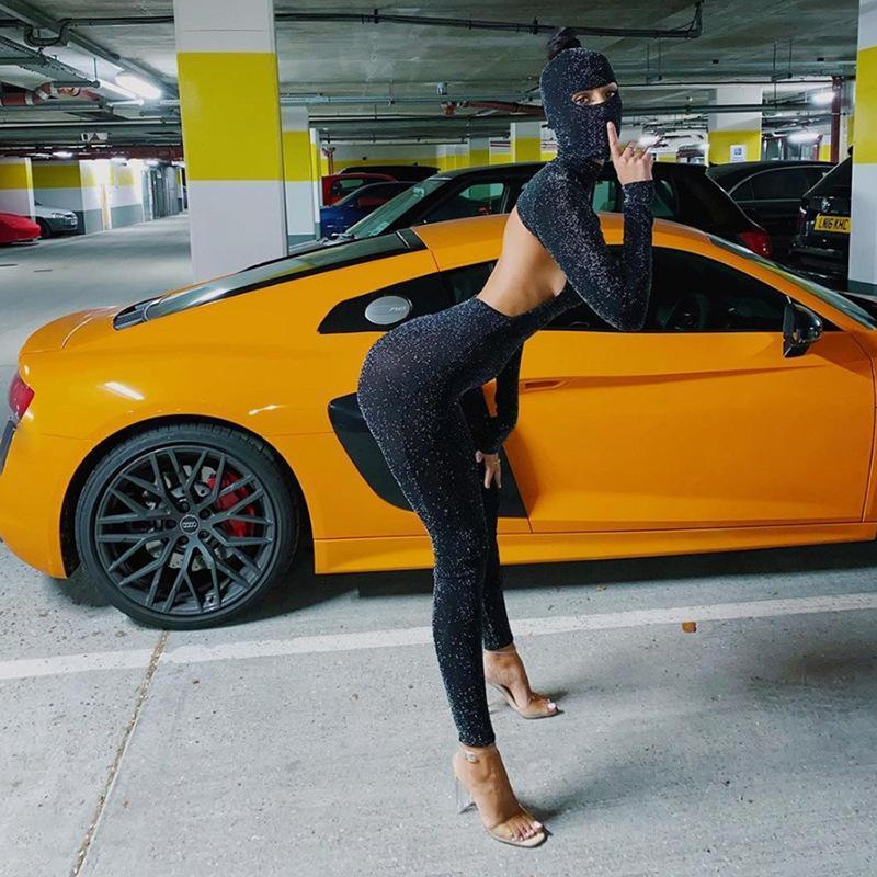 

Glitter Silk Skinny Rompers Womens Jumpsuit With Cap Long Sleeve Bodycon Club Partywear Backless Women One Piece Outfit Plus Size, Black