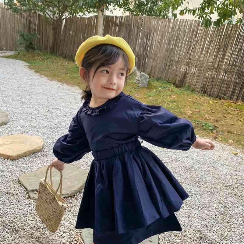 

Spring baby girls princess dress 2pcs sets kids cotton long sleeve back button with skirt clothes 210708, Navy blue