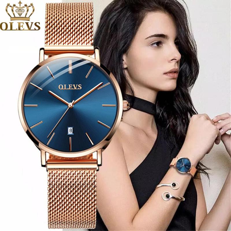 

Wristwatches Zegarek Damski Thin Ladies Watch Slim Rose Gold Mesh Stainless Steel Watches Women Blue Top Wristwatch Date, Black