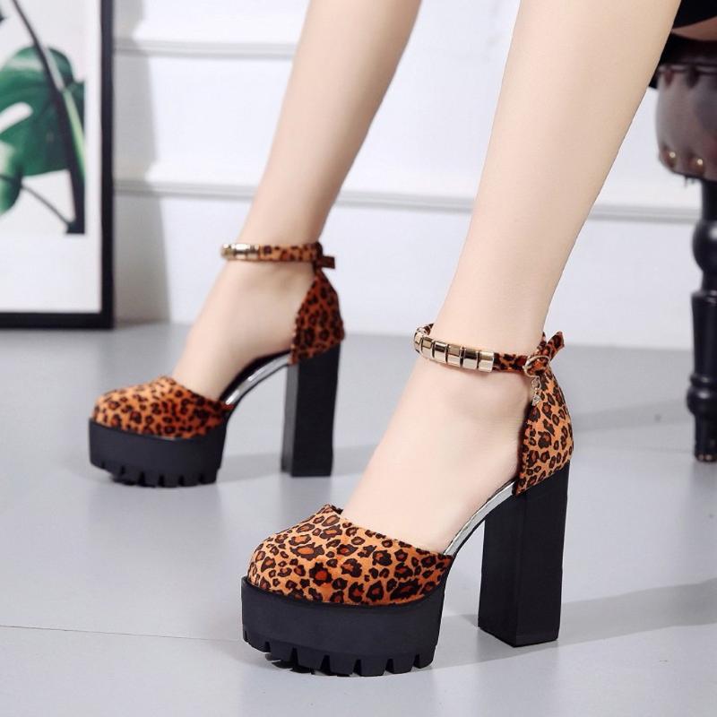 

Dress Shoes SAGACE 2021 Factory Direct Sexy Leopard Sandals Women Ankle Strap Summer High Heels Female Block Pumps, Wh