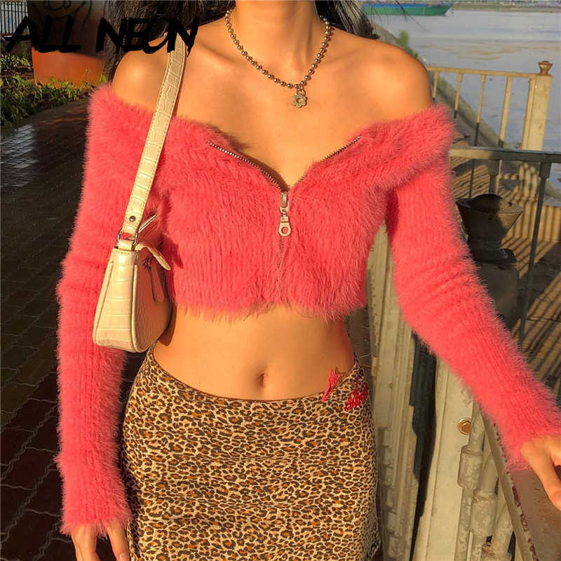 

E-girl sweet fluffy front round neck zipper Long Sleeve Jacket Vintage pink autumn party 90s sweater pink cardigan 210602