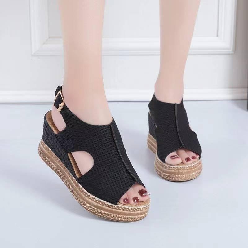 

Dress Shoes Summer Women's Soft Sanded Upper Platform Heels Fashion Non-Slip Wedges Casual Sandals 2021 Size, Black