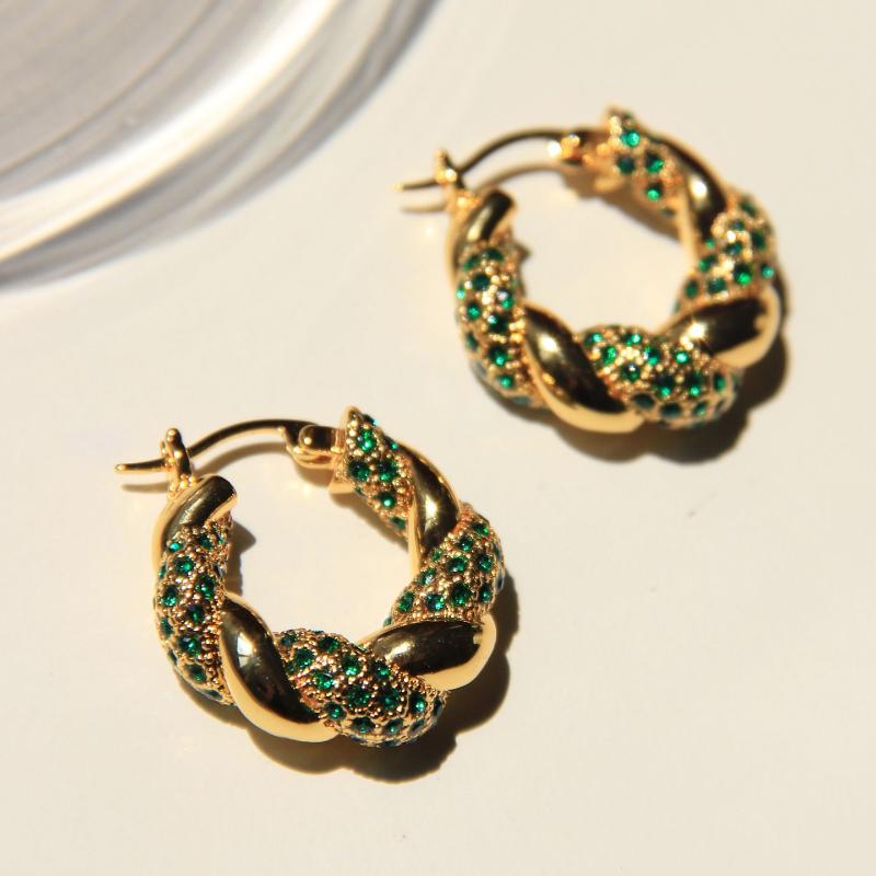 Hoop & Huggie Real Gold Plated Cooper Green Crystal Rhinestone Twisted Earrings For Women Statement Jewelry Accessories-image-745999891