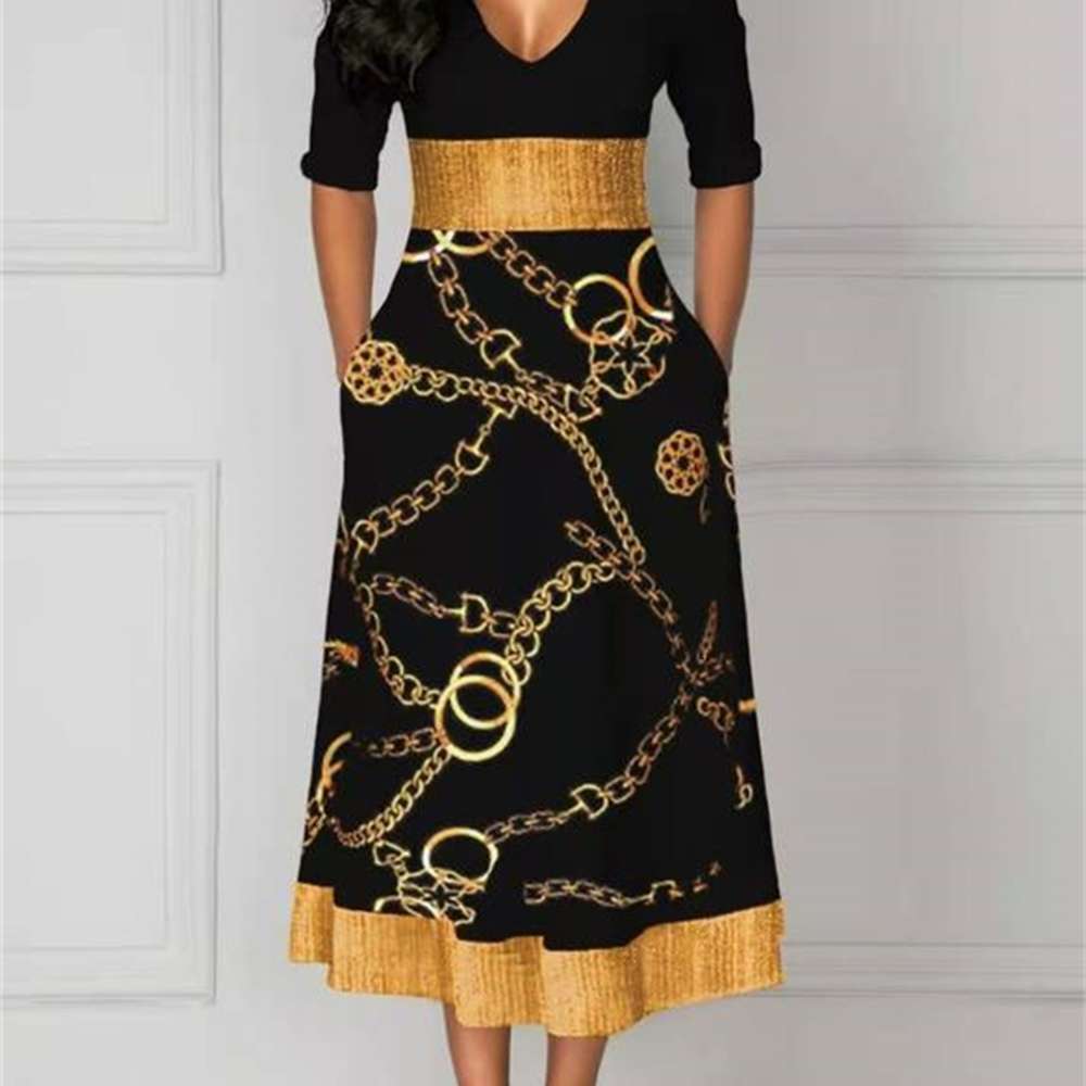 

Casual Dresses Q6133 women' fashion medium digital long sve Printed Drs, --navy blue