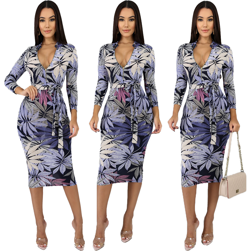 

Leaves Print Elegant Bandage Bodycon Dress for Women Deep V Neck Long Sleeve Skinny Dresses Vintage Zipper Front Pencil Dress, Multi