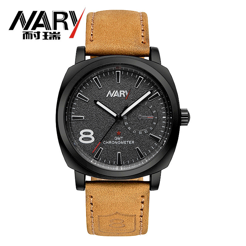 

NARY 6118 wristwatches mens watches stainless steel quartz watch date week display in analog dial sports leather strap watchband black relogio feminino, Box