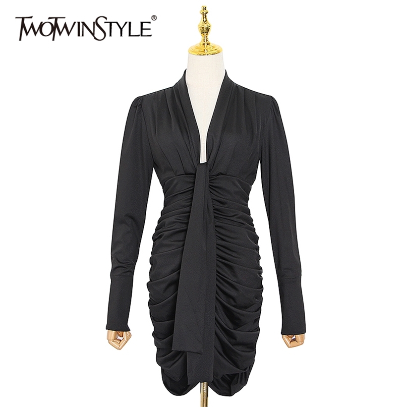 

Patchwork Ruched Women Dress V Neck Long Sleeve High Waist Black Mini Dresses Female Fashion Clothes 210520