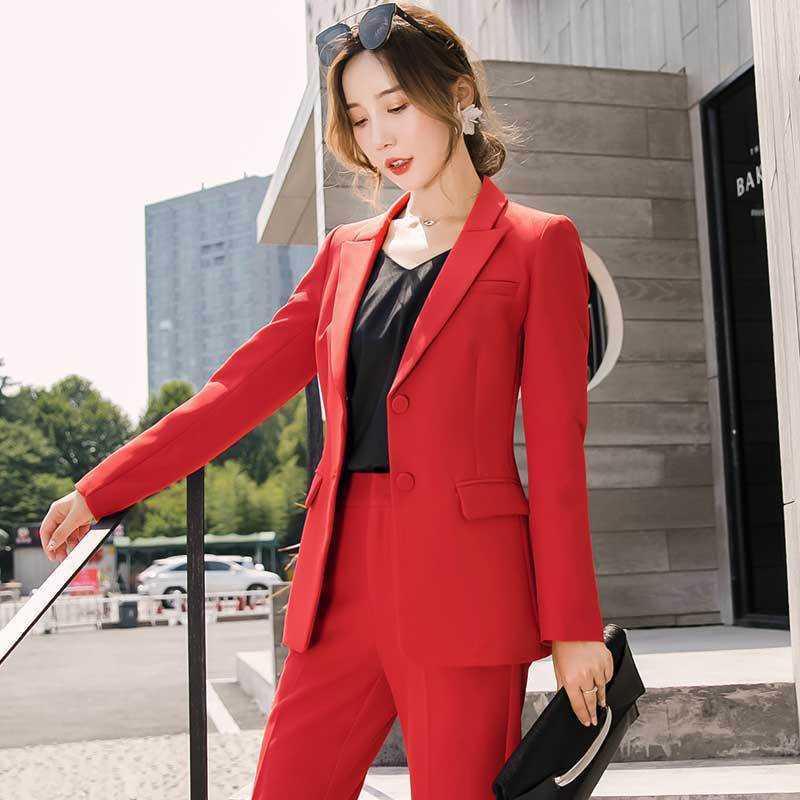 

High quality temperament red women's suit set Elegant single-breasted uniform female autumn and winter pants 210527