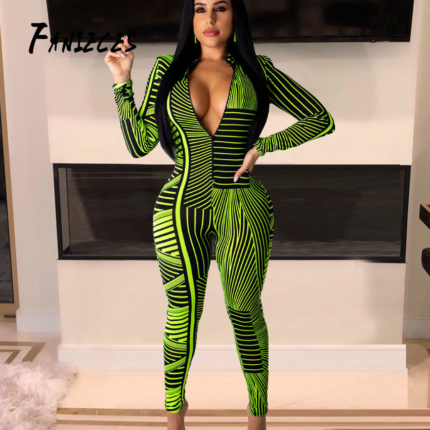 

stripe Print Deep V Neck skinny Jumpsuits Women Sexy Autumn Long Sleeve night Club Party Playsuits High Waist Bodycon Jumpsuit 210520, Beige