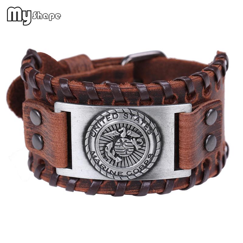

My Shape Handmade Weave United States Marine Corps Bracelet Genuine Leather Black Brown Bangles Copper Bronze Silver Men Jewelry Bangle