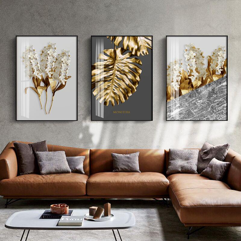 

Paintings Frameless Modern Abstract Golden Leaf Flower Canvas Wall Art Black And White Feather Poster Living Room Home Decoration Painting